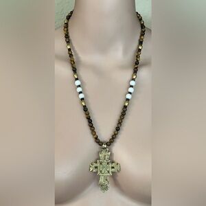 26 inch Brass Cross and Tiger Eye Gemstone bead necklace NWOT